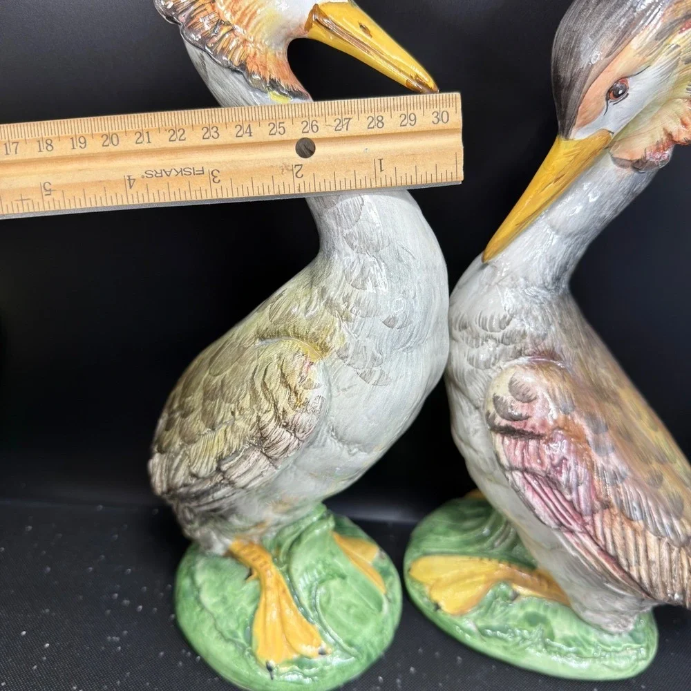 Italian Grebe Water Bird Figurines Set Majolica Stork Crane Hand Painted Italy